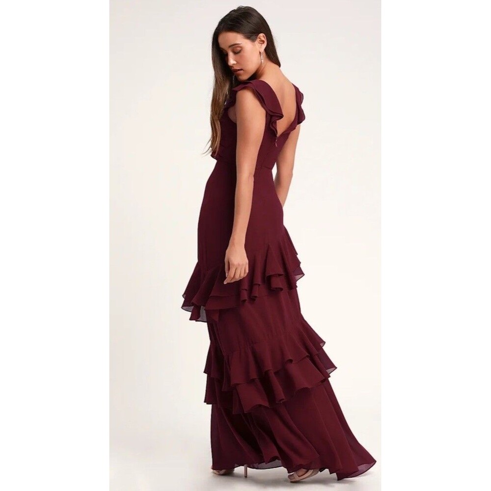 Lulus Majestic Burgundy Ruffle Chiffon Dress Maxi Formal Extra Small New